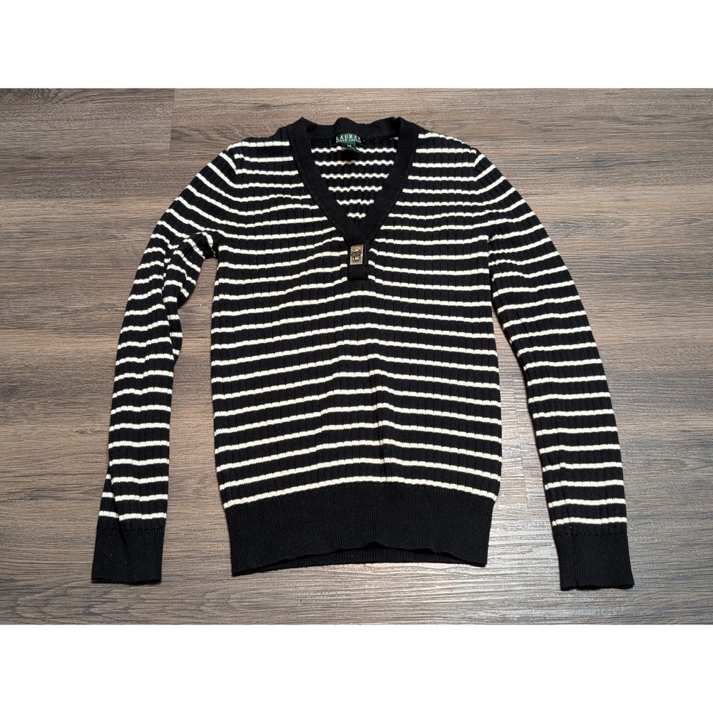 Lauren Ralph Lauren XS Sweater Black White Striped Ribbed V-Neck Cotton Pullover